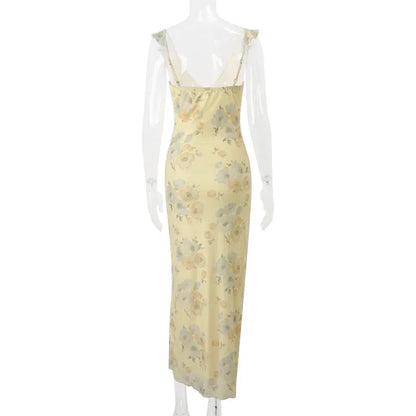 Retro V Neck Dresses Yellow Sleeveless Flower Print  Maxi Long Dress Elegant High Waist Female Holiday Party Vestidos