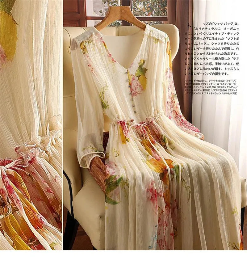 Limiguyue Summer Floral Print Silk Dresses Double Layers Ruffle Beaded Button A-Line Dress Elegant Chiffon Long Vestidos Z044
