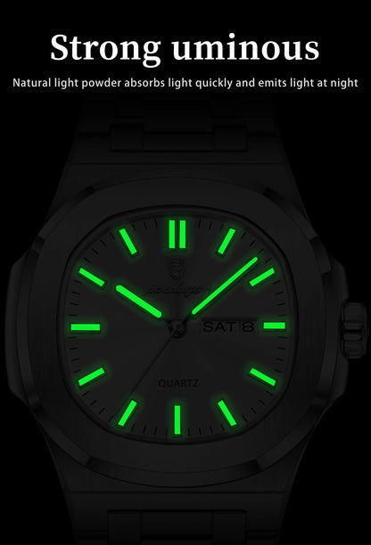 POEDAGAR Classic Square Men Wristwatch Waterproof Luminous Date Week Casual Man Clock Stainless Steel Men's Quartz Watches Reloj