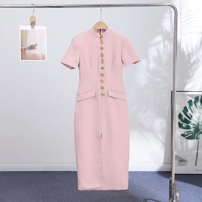 Chic Single Breasted Women's Dress Short Sleeve Slim Female Long Dresses 2026 Spring Summer Elegant Party Front Split Lady Robe