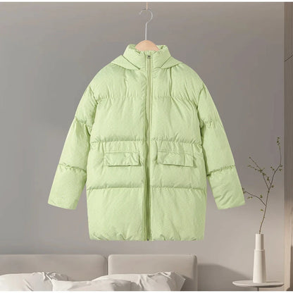 Printed Hooded Puffy Cotton Jacket Women Stand Collar Long Sleeve Zipper Loose Padded Coats 2025 Winter Lady Warm Outwear Street