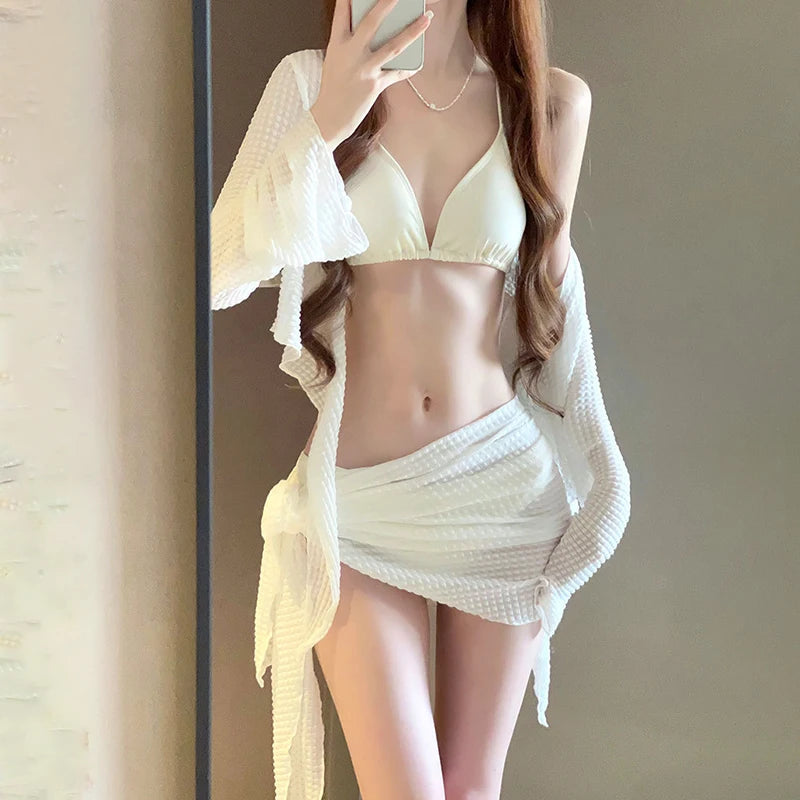 Women's Long Sleeve Knit Bikini Set, Pure Sexy Push-Up Swimsuit with Cover-Up, Elegant Resort Swimwear for Vacation Beach