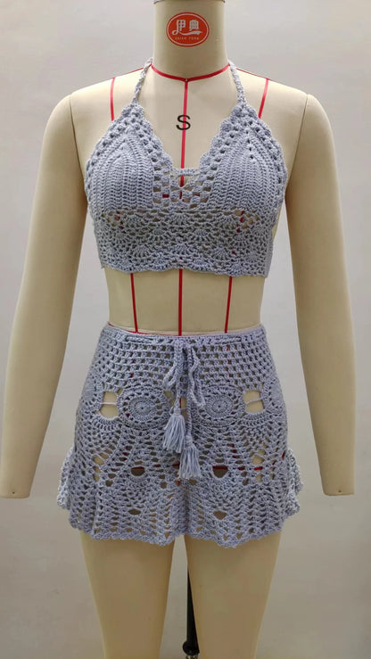 CROCHET BIKINI Two-piece Crochet Women Bikini Set Cover Up Swimsuit Swim Skirt Swimwear Bathing Swimdress Beachwear