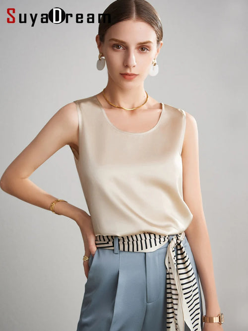 SuyaDream. Women Basic Cozy Tanks, 100%Real Silk, O neck Sleeveless Chic T Shirt, 2025 Solid Summer Vests, White, Pink, Beige