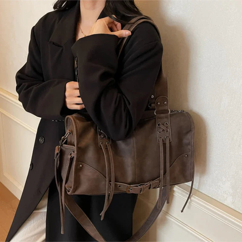 Retro Motorcycle Handbag Women Horizontal Tote Storage Tassel Design Pillow Shoulder Bag Trendy Large Capacity Soft Underarm Bag