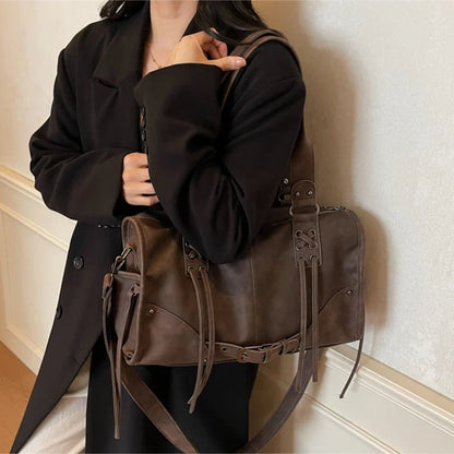 Retro Motorcycle Handbag Women Horizontal Tote Storage Tassel Design Pillow Shoulder Bag Trendy Large Capacity Soft Underarm Bag