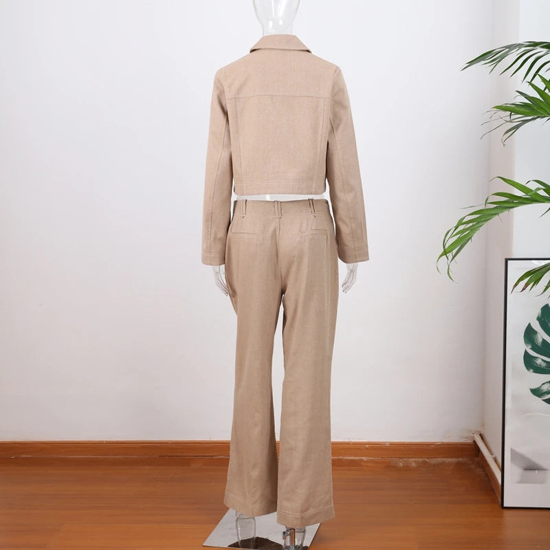 Casual Coats Pants Sets Women'S Turn-down Collar Long Sleeve Zippers Tops High Waist  Trousers 2026 Spring New Lady Chic Suit