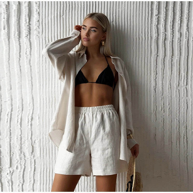 Casual Cotton Linen Pants Suit Women Solid Cozy Lapel Single Breasted Shirt Elastic Waist Wide Leg Pant 2026 Summer Loose Outfit
