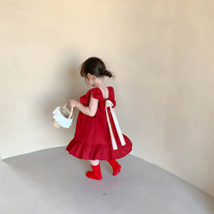 Bear Leader Summer Girls Dresses Flying Sleeve Dress Casual Ruffled Dresses Solid Back Bowknot A Line Baby Dresses Kids Clothes