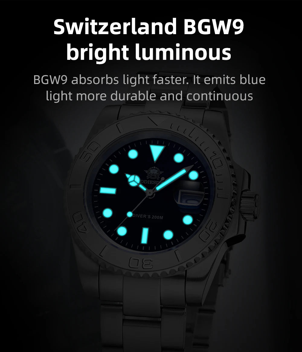 ADDIESDIVE New Luxury Men's Watch Stainless Steel BGW9 Super Luminous Quartz Men's Watch Diver 200m Men Analog Watches MY-H3C