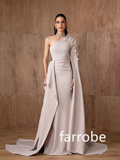 Customized Simple Jersey Pleat Flower A-line One-shoulder Long Dresses Bespoke Occasion Dresses Classic Exquisite Modern Style P