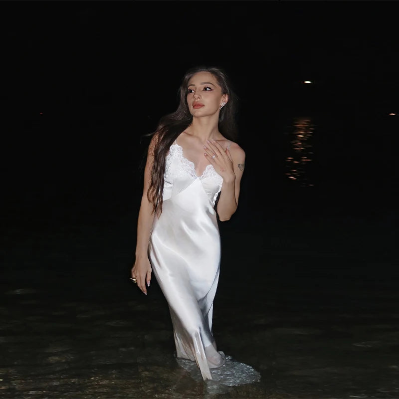 2025 Elegant Satin Solid Maxi Dresses Women Luxury Lace Splicing Sleeveless Off Shoulder Backless V-neck Robe Lady Party Outfits