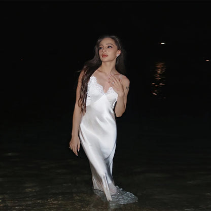 2025 Elegant Satin Solid Maxi Dresses Women Luxury Lace Splicing Sleeveless Off Shoulder Backless V-neck Robe Lady Party Outfits