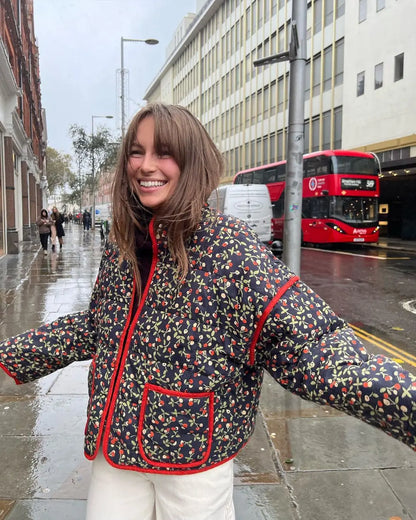 New Women's Floral/Gingham Print Lightweight Quilted Parkas Woman Long Sleeve Pockets Vintage Winter Jacket Coat Streetwear Tops