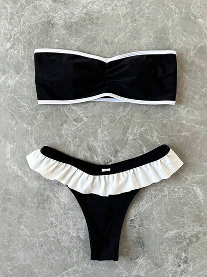Women's Strapless Swimsuit 2-piece Suit Solid Color Patchwork Push Up Ruffle Thong Beach Hot Spring Bikini Set 2026 New Swimwear