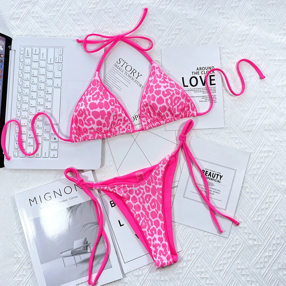 Sexy Leopard Micro Bikini 2025 Women Swimsuit Female Swimwear Thong Bikinis Set Brazilian Halter Beach Wear Lace Up Bathing Suit