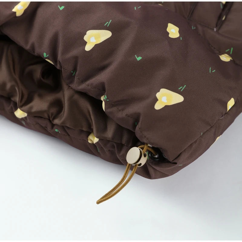 Printed Hooded Puffy Cotton Jacket Women Stand Collar Long Sleeve Zipper Loose Padded Coats 2025 Winter Lady Warm Outwear Street