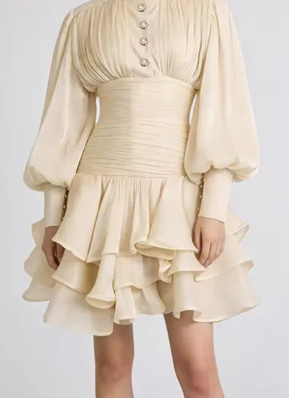 Women Elegant High Collar Ruffled Mini Dress Chic Long Puff Sleeves Waist Cinching A-line Dresses 2026 Lady Evening Dinner Gowns
