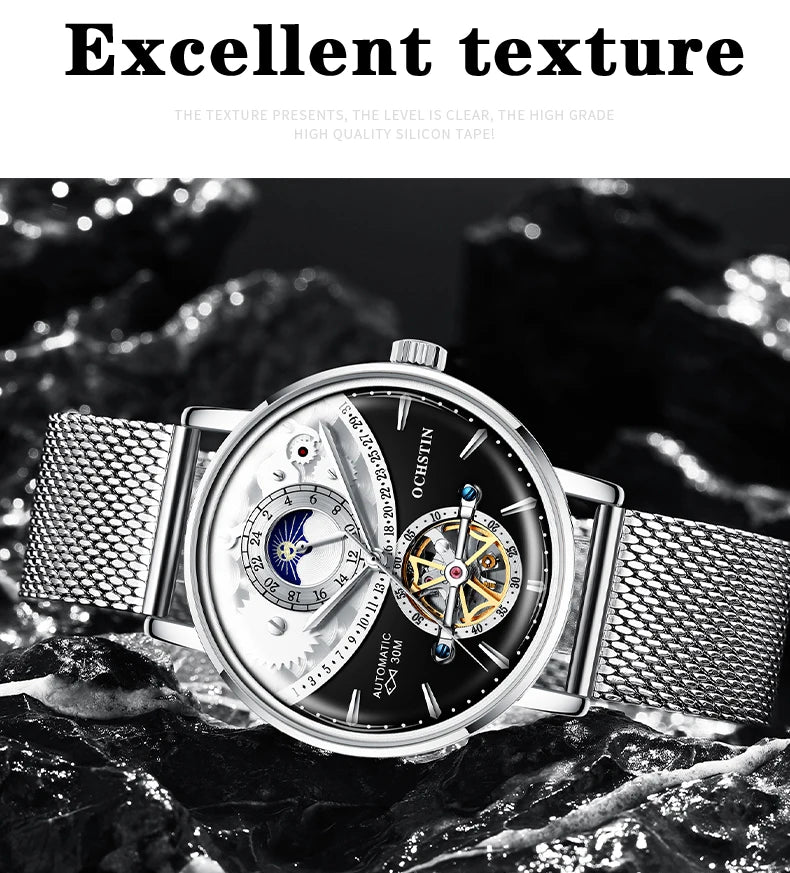 OCHSTIN Men's Stainless Steel Mesh Bracelet Watches Man High-Grade Cooktop Glass Skeleton Mechanical Flying Tourbillon Watch