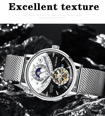 OCHSTIN Men's Stainless Steel Mesh Bracelet Watches Man High-Grade Cooktop Glass Skeleton Mechanical Flying Tourbillon Watch