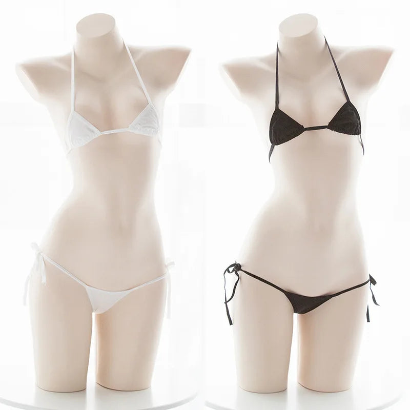 Amine Cute Girls Bikini Set Japanese Student Cosplay Swimsuit Halter Bandage Low Waist Swimwear Women Sexy Bathing Suit Bikinis