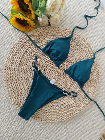 Sexy Solid Color Halter Lace-up Low Waist Bikini Set Women's Two Pieces Triangle Thong Swimsuit Bathing Suit Brazilian Biquinis