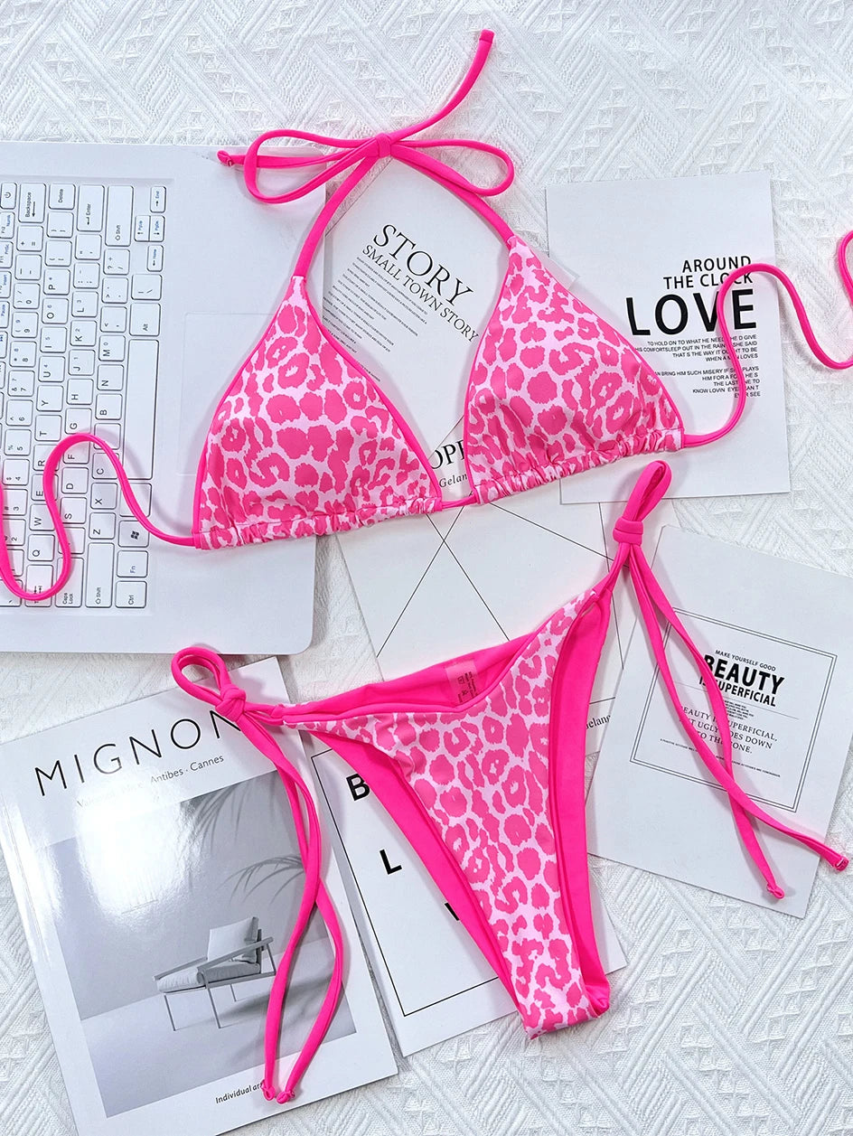 Sexy Leopard Micro Bikini 2025 Women Swimsuit Female Swimwear Thong Bikinis Set Brazilian Halter Beach Wear Lace Up Bathing Suit