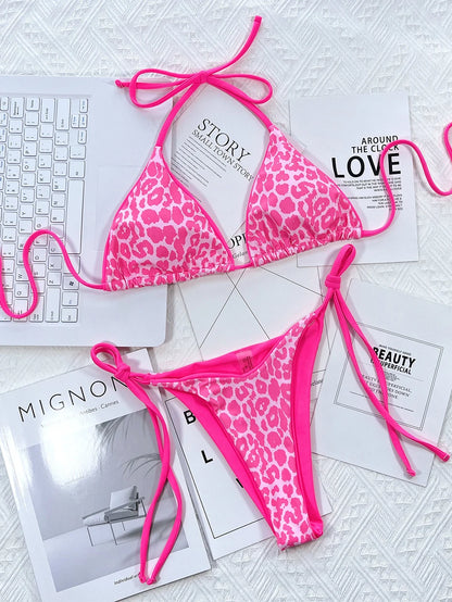 Sexy Leopard Micro Bikini 2025 Women Swimsuit Female Swimwear Thong Bikinis Set Brazilian Halter Beach Wear Lace Up Bathing Suit