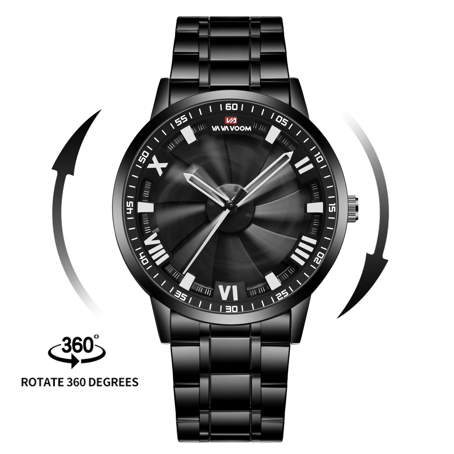 Sports Men Watch 43mm Red Rotating Dial Black Stainless Steel With Quartz Clock Simulation Car Hub 3Bar Daily Waterproof Watches