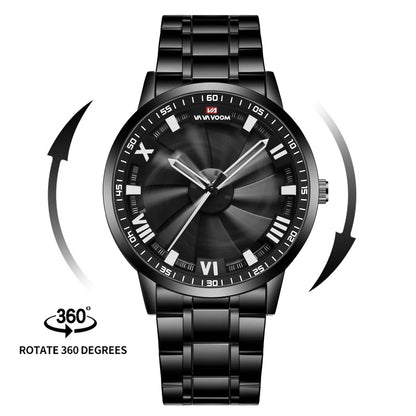 Sports Men Watch 43mm Red Rotating Dial Black Stainless Steel With Quartz Clock Simulation Car Hub 3Bar Daily Waterproof Watches