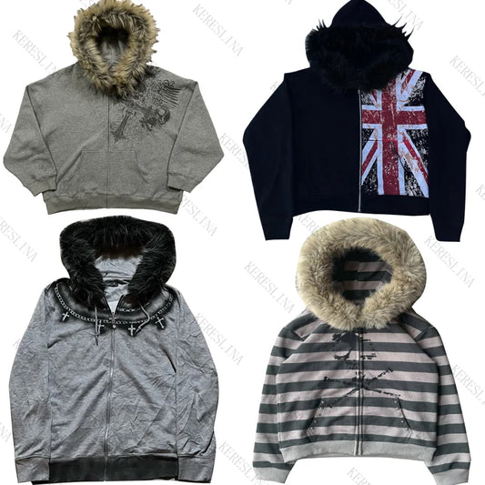 Fur collar cardigan zipper hooded jacket autumn and winter punk hip-hop rock dark style rock fashion all-match Y2K retro jacket