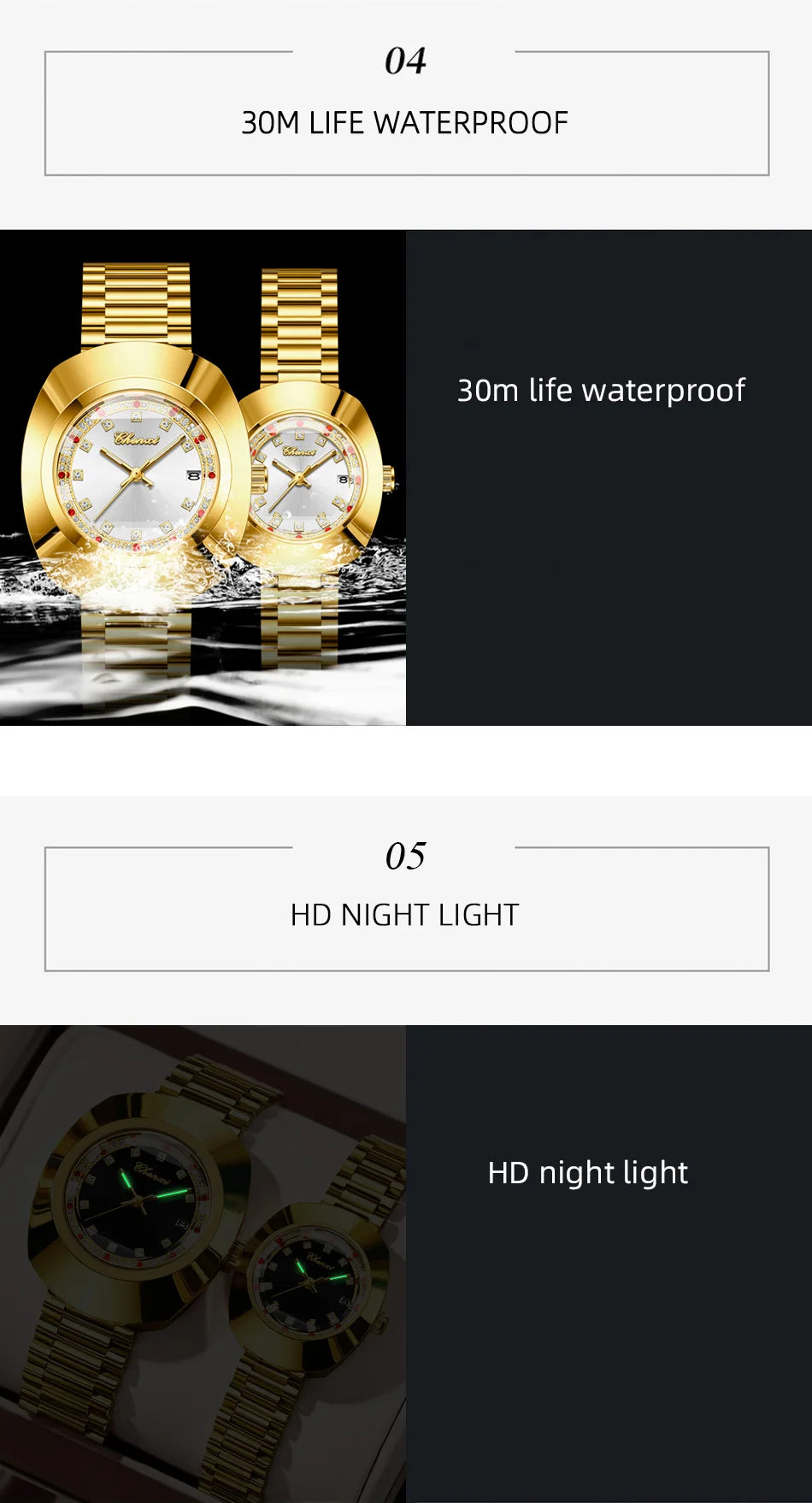 CHENXI Couple's Matching Quartz Watches Gold-Tone High-Fashion Diamond-Studded Waterproof Steel Bracelet Timepieces