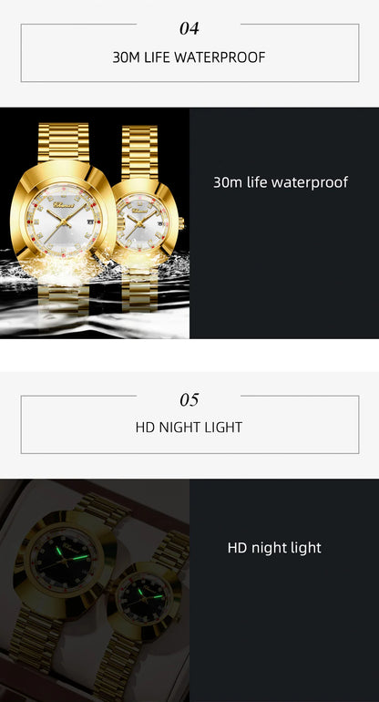CHENXI Couple's Matching Quartz Watches Gold-Tone High-Fashion Diamond-Studded Waterproof Steel Bracelet Timepieces