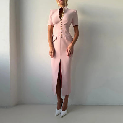 Women's High Neck Bodycon Midi Dress Short Sleeve Gold Button Split Hem Dresses 2026 Female Elegant Formal Evening Party Robe