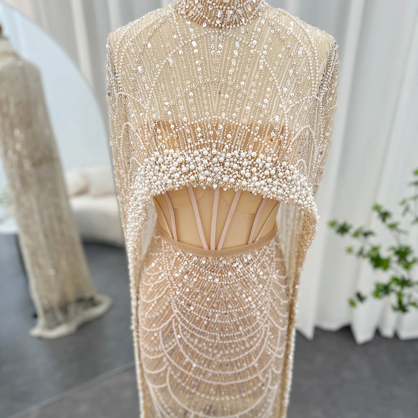 Sharon Said Luxury Pearls Dubai Champagne Evening Dresses with Cape New Arabic Women Mermaid Wedding Party Prom Dress SS369