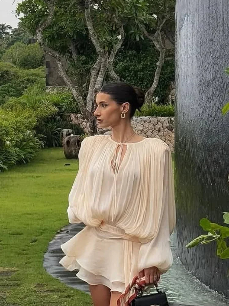 Women Solid O-neck Long Lantern Sleeve Short Dress Fashion Pleated High Waist Lace-up Mini Dresses Summer Vocation Lady Robe