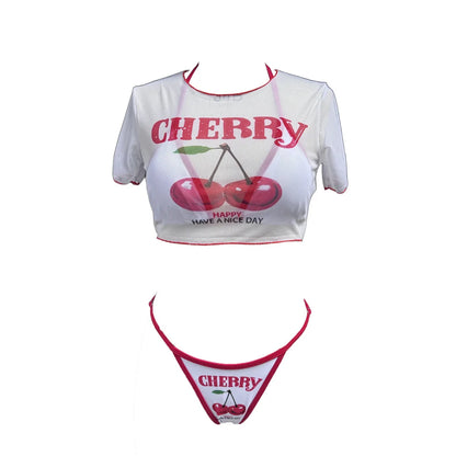 XS -XL Cherry Printed Short Sleeve Bikini Female Swimsuit Women Swimwear Three-pieces Bikini set Bather Bathing Suit Swim V6854