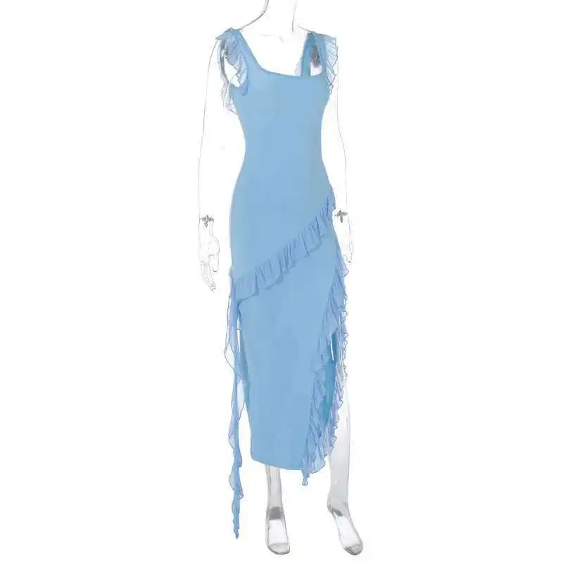 Giyu Sexy Ruffles Summer Dress 2025 Women Clothing Elegant Holiday Club Evening Party Dresses Slash Neck Split Bodycon Long Robe