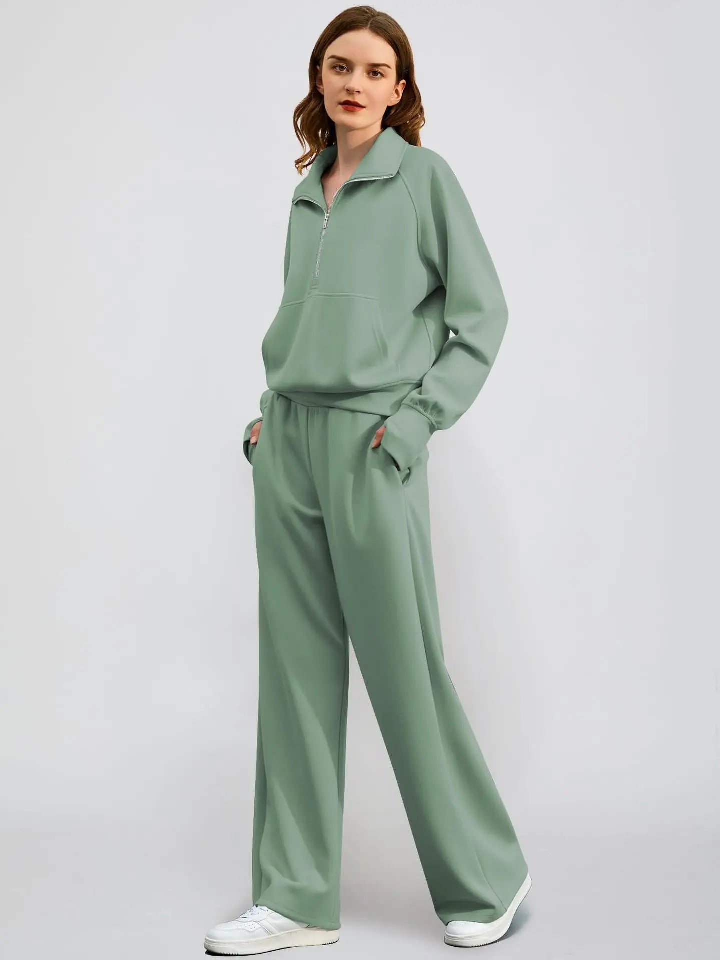 Woman Solid Color Half Zip Long Sleeve Sweatshirt and Wide Leg Pants Set Casual Sporty Two Piece Outfit