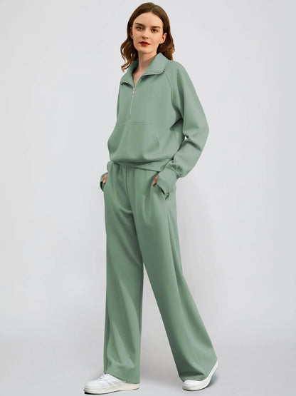 Woman Solid Color Half Zip Long Sleeve Sweatshirt and Wide Leg Pants Set Casual Sporty Two Piece Outfit