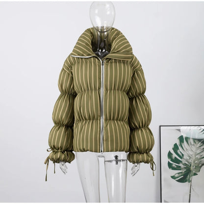Printed Hooded Puffy Cotton Jacket Women Stand Collar Long Sleeve Zipper Loose Padded Coats 2025 Winter Lady Warm Outwear Street