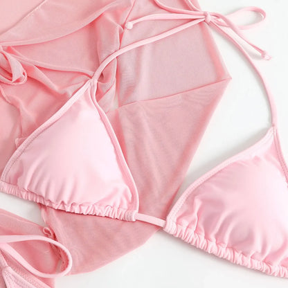 Women pink micro mini string bikini sets 4 pieces with mesh cover tops and skirt swimsuit bathing suit beach outfits biquini