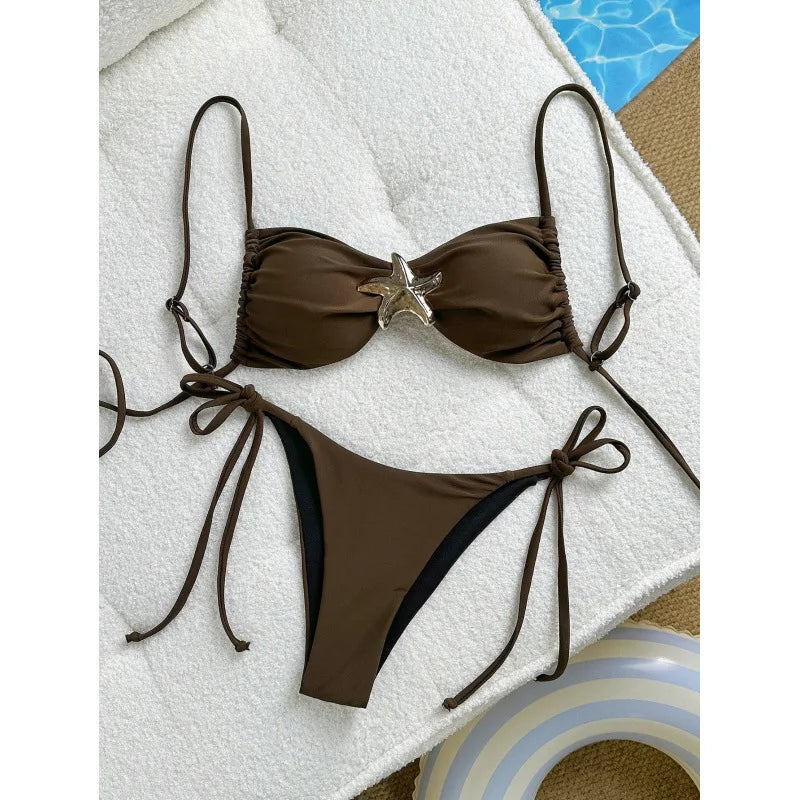 Sexy Solid Color Bikini Set Two Piece Swimsuit Pure Color Quick Dry Backless High Elasticity Nylon Fabric for Swimming And Wa...