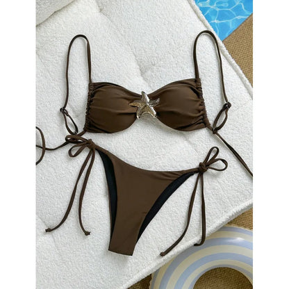 Sexy Solid Color Bikini Set Two Piece Swimsuit Pure Color Quick Dry Backless High Elasticity Nylon Fabric for Swimming And Wa...