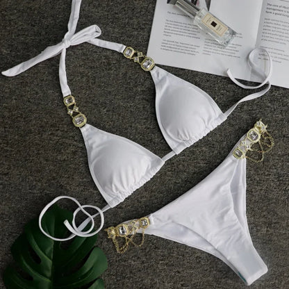 2026 Shiny Rhinestone Diamond Bikini Women Swimsuit Female Swimwear Two Pieces Bikini Set Halter Metal Chains Bathing Suit Swim
