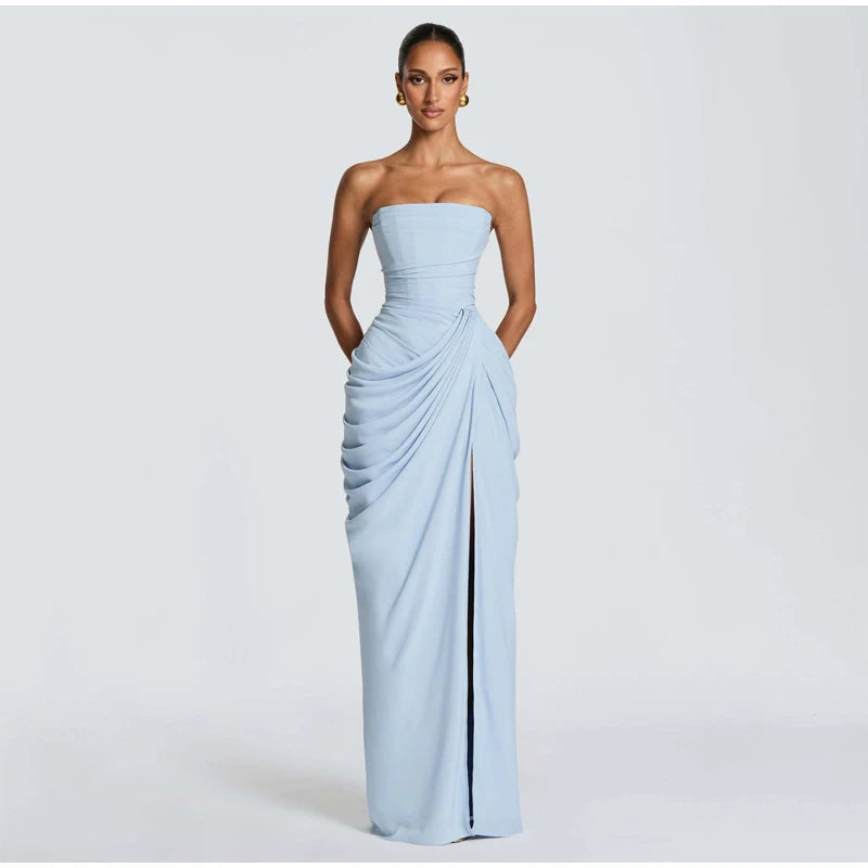 Lady Sexy Strapless Split Solid Pleated Dress Women Chic Backless High Waist Off-shoulder Dresses 2026 New Evening Party Gowns