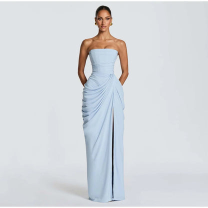Lady Sexy Strapless Split Solid Pleated Dress Women Chic Backless High Waist Off-shoulder Dresses 2026 New Evening Party Gowns