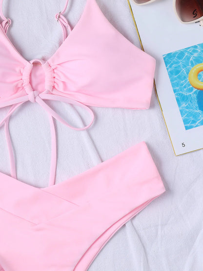 New High Elastic Bikini Set for 2025 Summer Two Pieces Solid Color Lace-up Sexy Women Swimsuit Beach Bathing Suit Swimwear