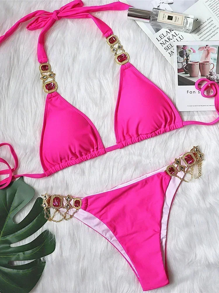 2026 Shiny Rhinestone Diamond Bikini Women Swimsuit Female Swimwear Two Pieces Bikini Set Halter Metal Chains Bathing Suit Swim