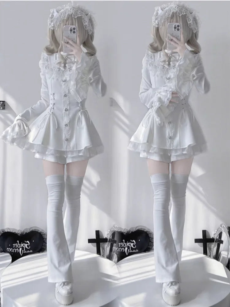 Gothic Vintage Hot Girl Slim Patchwork Dress Women High Street Lace Skinny Long Sleeve Dresses France Sweet White Clothing New